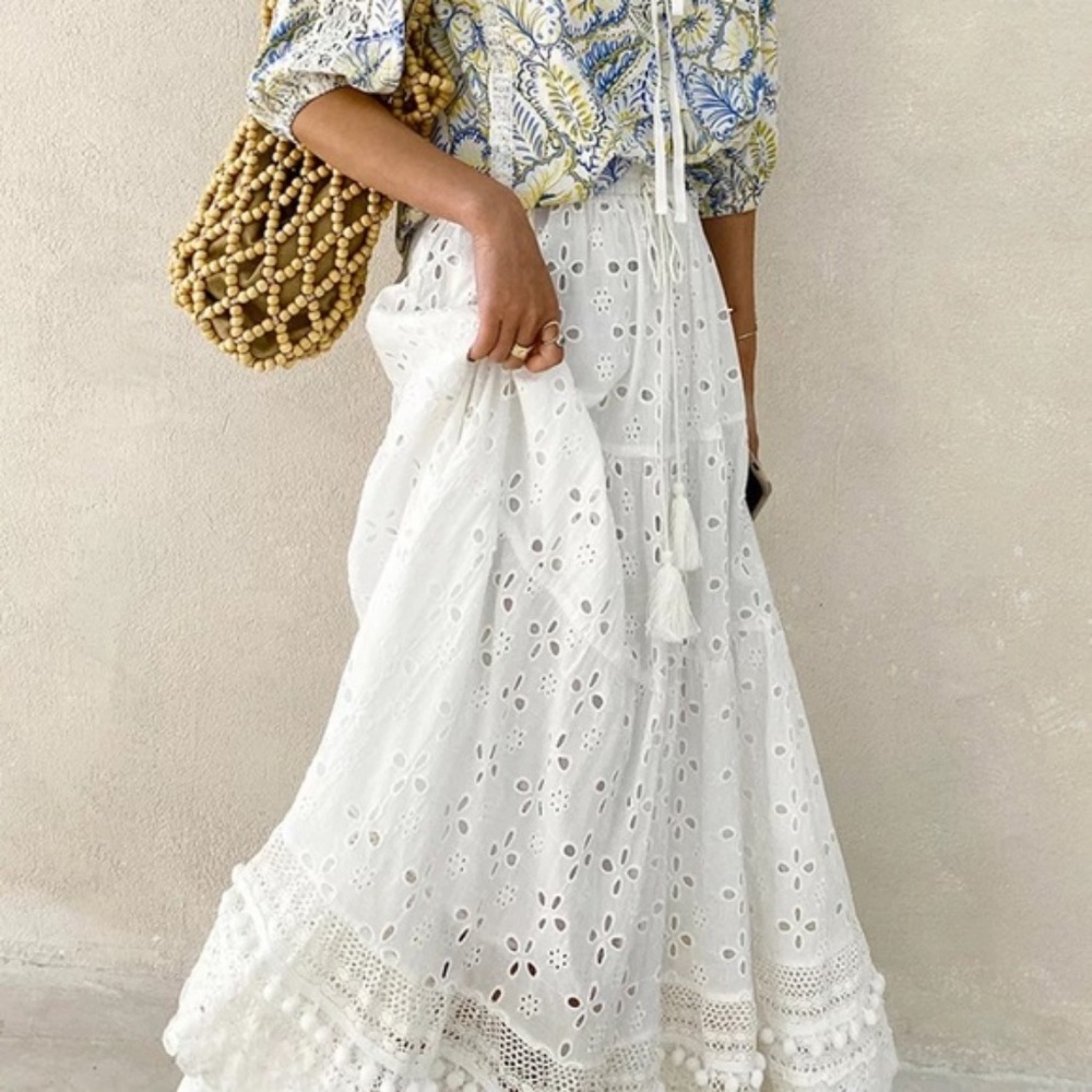 SOLD OUT White Eyelet Pompom Trim Tassel Boho Maxi Skirt - Picture 1 of 8